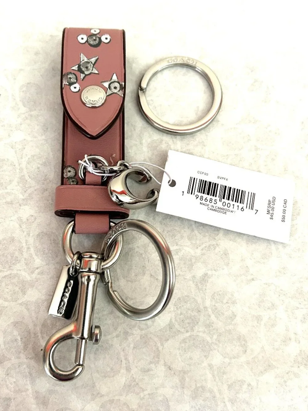 NWT Coach Pink Star Print Trigger Snap Key Ring, CCF03